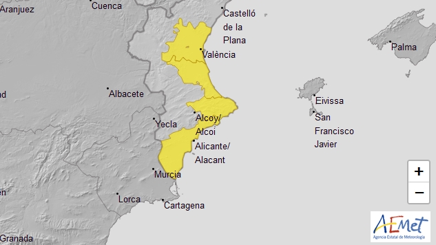 La Aemet establece el aviso amarillo por lluvias en el litoral de Alicante y Valencia para Nochevieja