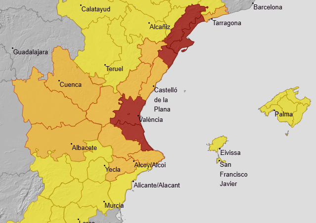 Aemet activa la alerta naranja por lluvias y tormentas en el litoral norte de Alicante este lunes