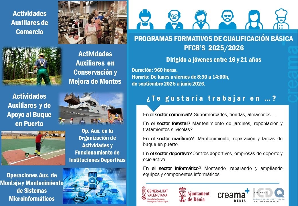 Creama-Dénia abre inscripciones para los Programas Formativos de Cualificación Básica del curso 2025-2026